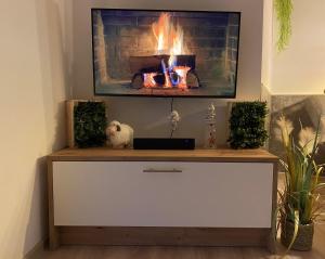 a fireplace sitting on top of a dresser in a room at Bärenkoje Esens in Esens