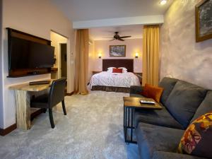 a living room with a couch and a television and a bed at Makanda Inn in Makanda +6 photos