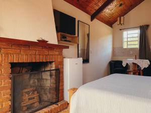 1 dormitorio con chimenea, cama y TV en Chalés Del Rincon en Monte Verde