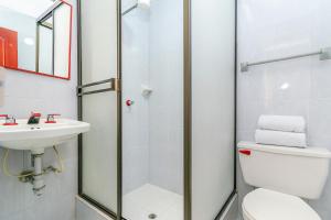 a bathroom with a shower and a toilet and a sink at Hotel Puerta del Sol Popayan in Popayan