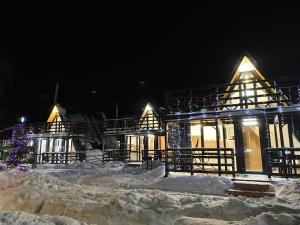 un grupo de edificios en la nieve por la noche en Domiki u plyazha, en Ostashkov