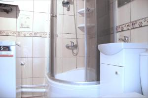 a bathroom with a shower and a toilet and a sink at Stilo Dom - ul Powstańców Śląskich in Wrocław