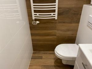 a bathroom with a white toilet and a wooden floor at Apartament Pod 12 A in Bielsko-Biała