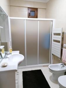 a bathroom with a shower and a toilet and a sink at Casa do Bonifácio in Vilarinho