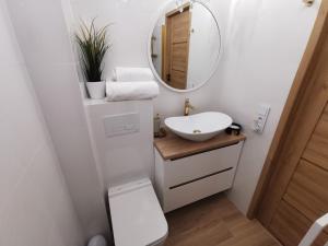 a bathroom with a sink and a mirror at APARTAMENT NA WZGÓRZU in Jelenia Góra