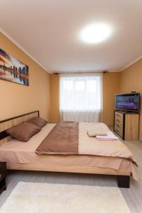 1 dormitorio con 1 cama grande y TV en Бам. Однокімнатна квартира в новобудові, en Ternopilʼ