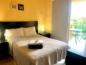 a bedroom with a large bed and a balcony at Andressa Mia Apartments in Manzanillo