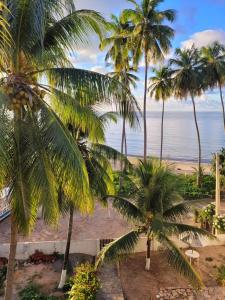 uma vista para a praia a partir de um resort com palmeiras em Suíte em Japaratinga com Vista do Mar em Japaratinga
