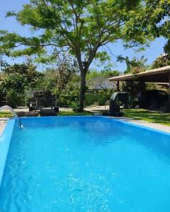 佛羅安那波里的住宿－Apartamento Vila dos Sábias，一个大型蓝色游泳池,后面有树