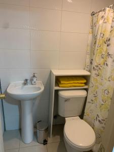 a bathroom with a sink and a toilet and a shower curtain at Viña City Hostel II in Viña del Mar