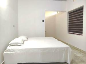 a white bedroom with a white bed and a window at Thekkumpuram Tourist Home in Malappuram