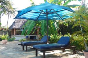 twee blauwe stoelen en een parasol op een patio bij Amani Paradise - Luxury Villas in Diani Beach