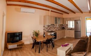 a kitchen and living room with a table and a couch at Spyran Apartment in Marantochori