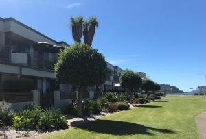a row of houses with palm trees and bushes at Beachpoint Apartments in Ohope Beach