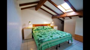 ein Schlafzimmer mit einem Bett mit einer grünen Bettdecke in der Unterkunft Apartment 6 people 150 m from the beach in Ghisonaccia
