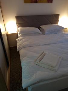 a large white bed with a towel on it at Bankovic Apartman in Vrnjačka Banja +22 photos