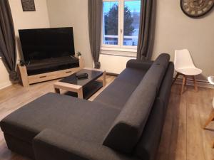 sala de estar con sofá y TV de pantalla plana en LE PANORAMA DES GLYCINES, en Honfleur