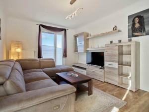 ein Wohnzimmer mit einem Sofa und einem TV in der Unterkunft Ferienwohnung in der Sportstadt Riesa in Riesa