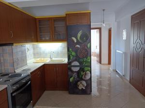 a kitchen with a refrigerator with a painting on it at DESPOINA APARTMENT with garden in Néa Michanióna