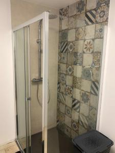 y baño con ducha y puerta de cristal. en Maison de charme dans un Hameau Provençal, en Les Mées