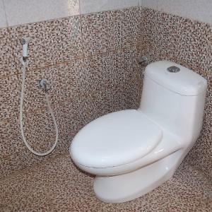 a bathroom with a white toilet and a shower at Abu Omair Jabal Shams House in Al Ḩamrāʼ