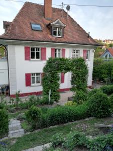 une maison blanche avec des volets rouges et un jardin dans l'établissement B&B Rosenliebe, à Niedereschach