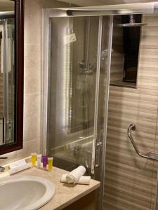 a bathroom with a shower and a sink at Jordan View Hotel in Amman