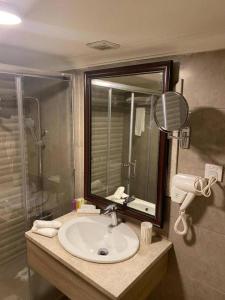 a bathroom with a sink and a shower and a mirror at Jordan View Hotel in Amman