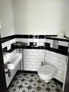a black and white bathroom with a toilet and sink at Maisonettchen in Holzhausen