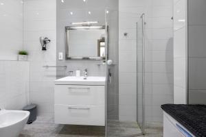 bagno bianco con lavandino e doccia di Penthouse Filka a Mimice