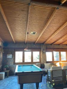 a pool table in a living room with a ceiling at Villa Alexandra in Grevena