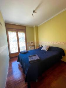 a bedroom with a blue bed and a window at Cal Patola Xic in Bagá