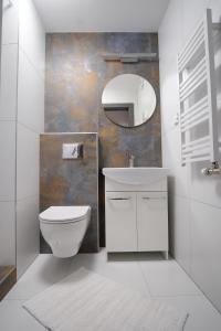 a bathroom with a toilet and a sink and a mirror at Apartament w Górach in Nowy Targ