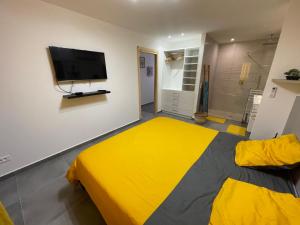 una camera con letto giallo e TV a schermo piatto di Appartement Canelle a Marigot