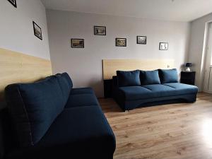 a living room with a couch and a blue sofa at NoclegwGdyni24 in Gdynia