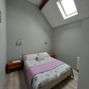 een slaapkamer met een bed en een dakraam bij Les 4 vents in Vineuil