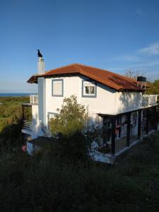 ein weißes Haus mit rotem Dach in der Unterkunft Alexandra Homestay in Kalavárda