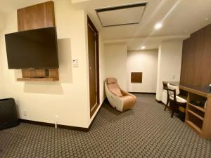 a room with a tv and a chair and a desk at Kadoya Hotel in Tokyo