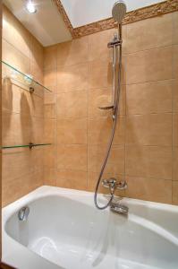 a bathroom with a bath tub with a shower at Romantic City Center Apartment in Old Town in Vilnius