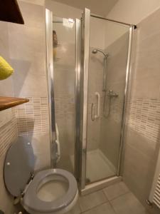 a bathroom with a toilet with a glass shower at Bilocale condominio del sole in San Giacomo