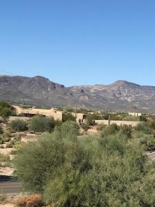 Blick auf eine Wüste mit Bergen im Hintergrund in der Unterkunft Spur Cross Inn in Cave Creek