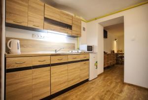 - une cuisine avec des placards en bois et un réfrigérateur blanc dans l'établissement Apartmánek mezi kopci, à Jáchymov