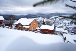 wioska pokryta śniegiem z budynkami w oddali w obiekcie Zatyshok v Karpatah 2 w mieście Worochta