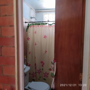 baño con aseo y cortina de ducha con flores en Refugio MALUAN.. Cabaña Villa Nepo en Paipa