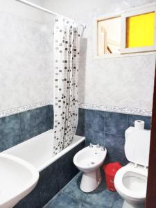 格塞尔镇Family Hause的浴室设有卫生间、水槽和淋浴帘