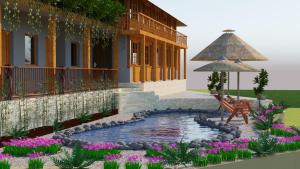 eine Darstellung eines Hauses mit einem Teich davor in der Unterkunft Ta Van Family Homestay in Sa Pa
