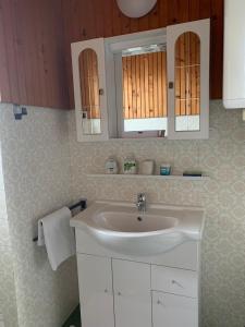 y baño con lavabo blanco y espejo. en Jelovska cesta 13 en Bled