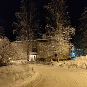 une maison sur une route enneigée la nuit dans l'établissement Nilsiä city, Tahko lähellä, 80 m2, include x 2 Ski Pass, à Tahkovuori