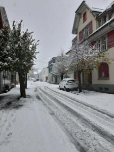 een met sneeuw bedekte straat met een auto erop geparkeerd bij Ferienwohnung Rothorn Meiringen in Meiringen