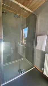 a shower with a glass door in a bathroom at Beautiful Wooden tiny house, Glamping cabin with hot tub 3 in Tuxford